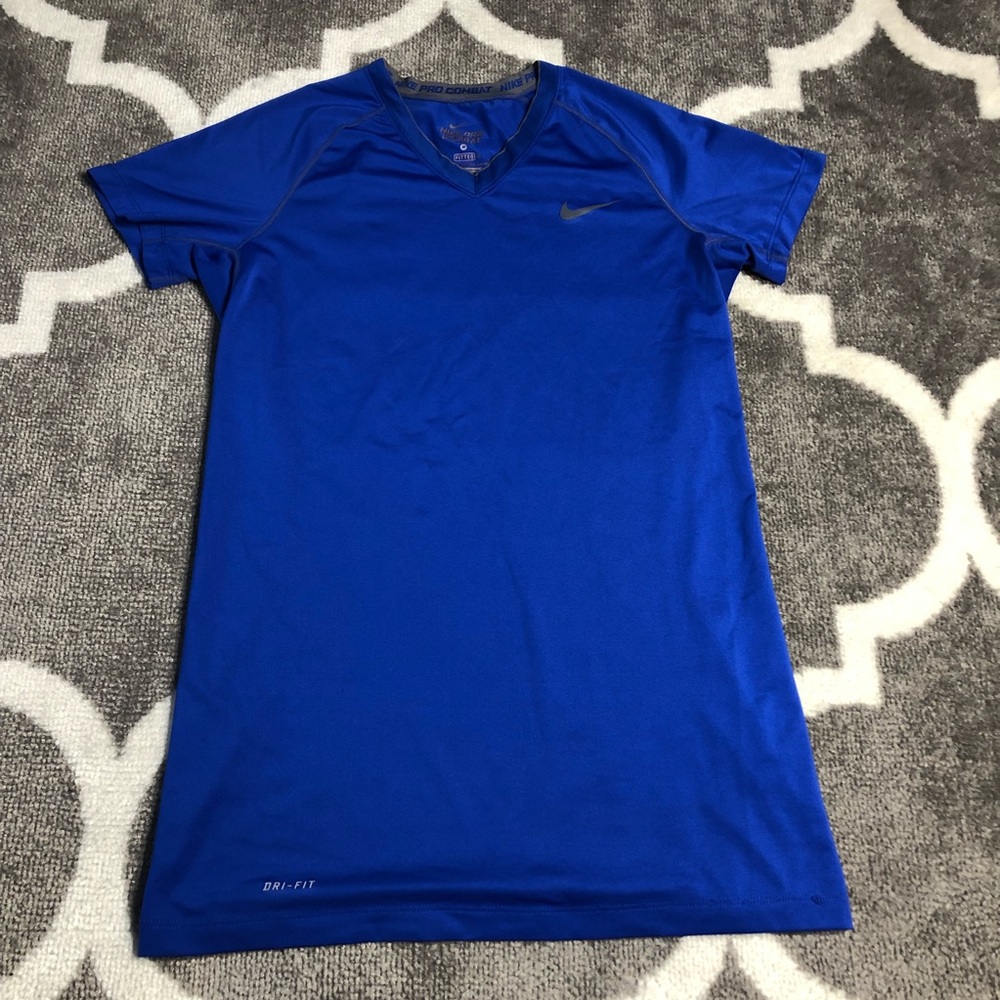 Nike Pro Shirt Mens Medium Combat Dri Fit  Fitted Blue Vneck Athletic